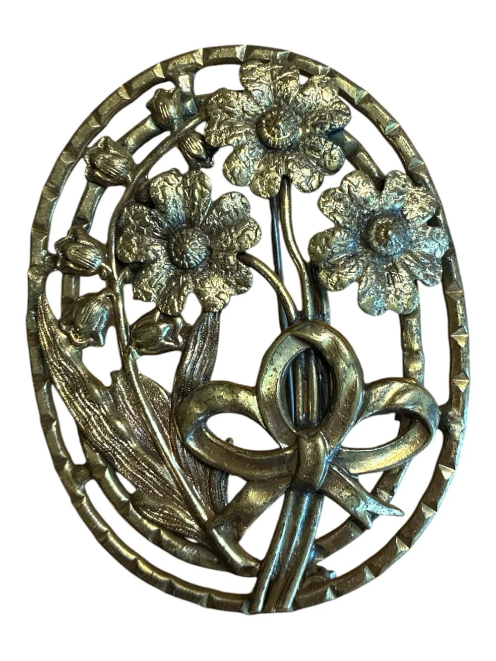 Large Brass Tone Floral Brooch